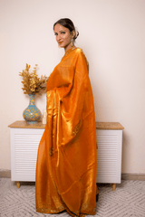 Orange Pure Silk Saree with Gold Zari Paisley Border - IMG_1398