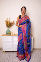 Royal Blue Bandhani Georgette Saree with Pink-Gold Border - IMG_1410