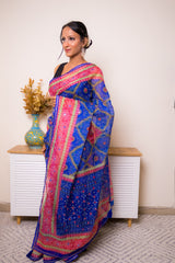 Royal Blue Bandhani Georgette Saree with Pink-Gold Border - IMG_1413