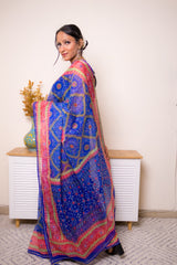 Royal Blue Bandhani Georgette Saree with Pink-Gold Border - IMG_1415