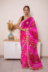Fuchsia Pink Leheriya Georgette Saree with Zari Border - IMG_1428