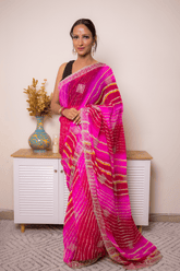 Fuchsia Pink Leheriya Georgette Saree with Zari Border - IMG_1430