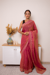 Magenta-Copper Tissue Silk Saree with Embroidered Zari Border - IMG_1451