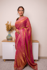 Magenta-Copper Tissue Silk Saree with Embroidered Zari Border - IMG_1453