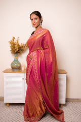 Magenta-Copper Tissue Silk Saree with Embroidered Zari Border - IMG_1454