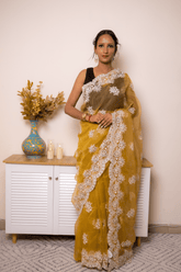 Mustard Lucknowi Chikankari Organza Saree - IMG_1468