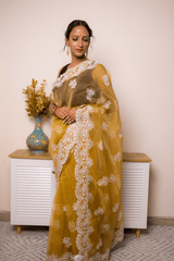 Mustard Lucknowi Chikankari Organza Saree - IMG_1471