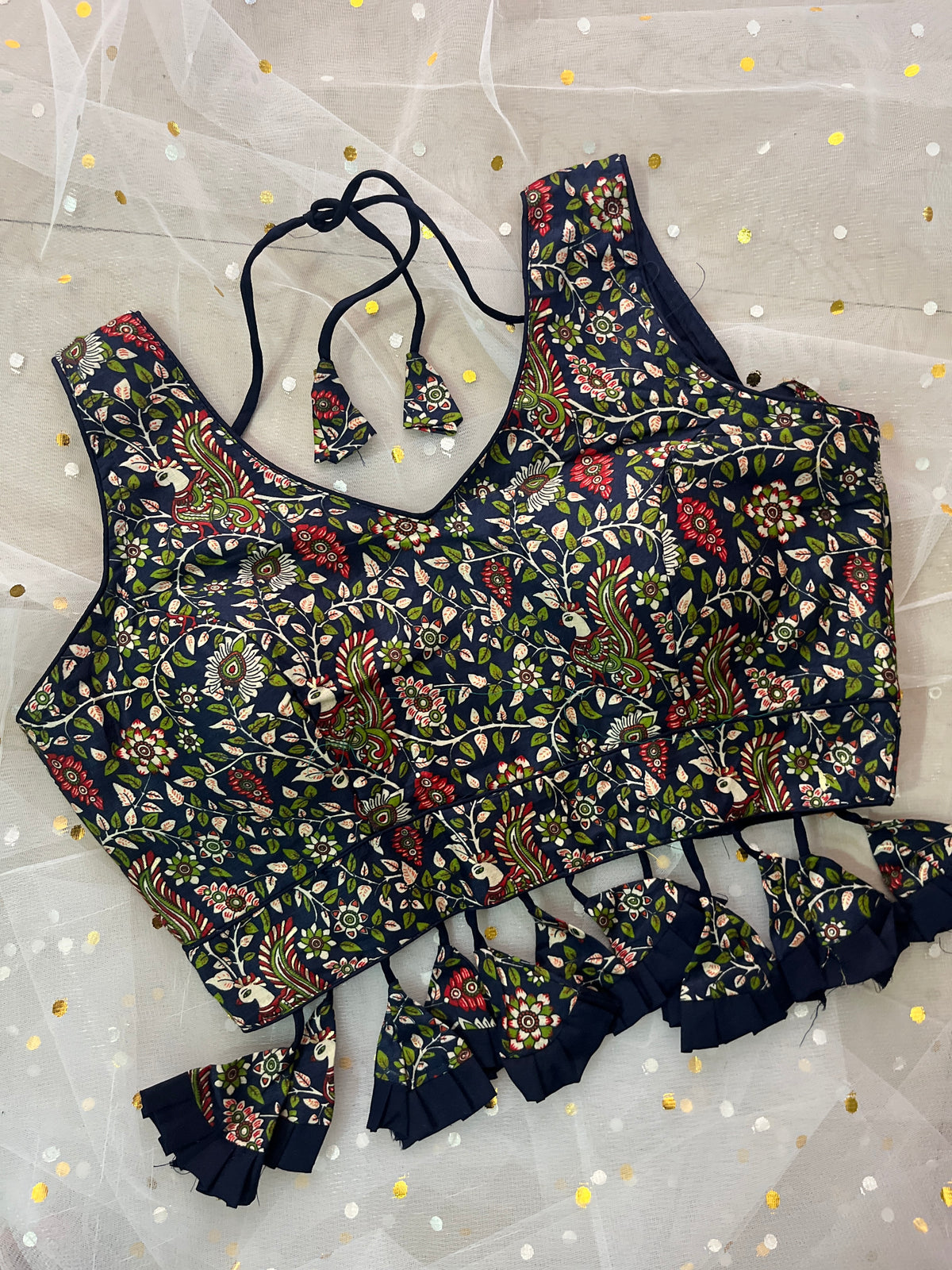 Elegant Navy Floral Blouse with Tassels - IMG_8141