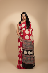 Crimson Ivory Ajrakh Polka Modal Saree with Printed Border