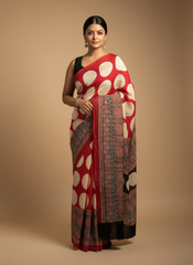 Crimson Ivory Ajrakh Polka Modal Saree with Printed Border