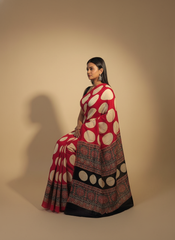 Crimson Ivory Ajrakh Polka Modal Saree with Printed Border