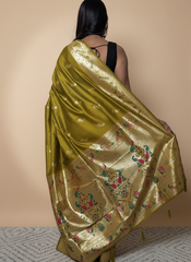 Olive Paithani Silk Saree With Multicolor Zari Pallu (VS-ZFY355) - 4