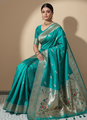 Teal Paithani Silk Saree With Multicolor Zari Pallu (VS-ZFY355) - 9