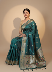 Dark Teal Saffron Paithani Silk Saree Multicolor Zari Pallu (VS-ZFY355) - 9