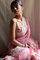 Lucknowi Chikankari Pink Tissue Silk Saree