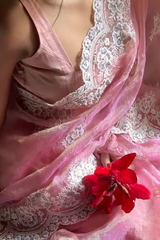 Lucknowi Chikankari Pink Tissue Silk Saree