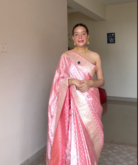 Coral Pink Banarasi Silk Saree, Gold Zari, Buti With Swarovski (VS-EFH257)