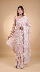 Lucknawi Chikankari Georgette Saree in dusty rose pink