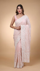 Lucknawi Chikankari Georgette Saree in dusty rose pink