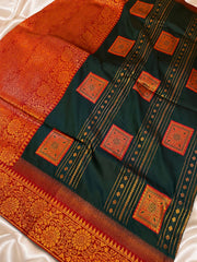 Silk Saree with Gold Zari Border in green and red border