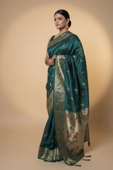 Dark Teal Saffron Paithani Silk Saree Multicolor Zari Pallu (VS-ZFY355)