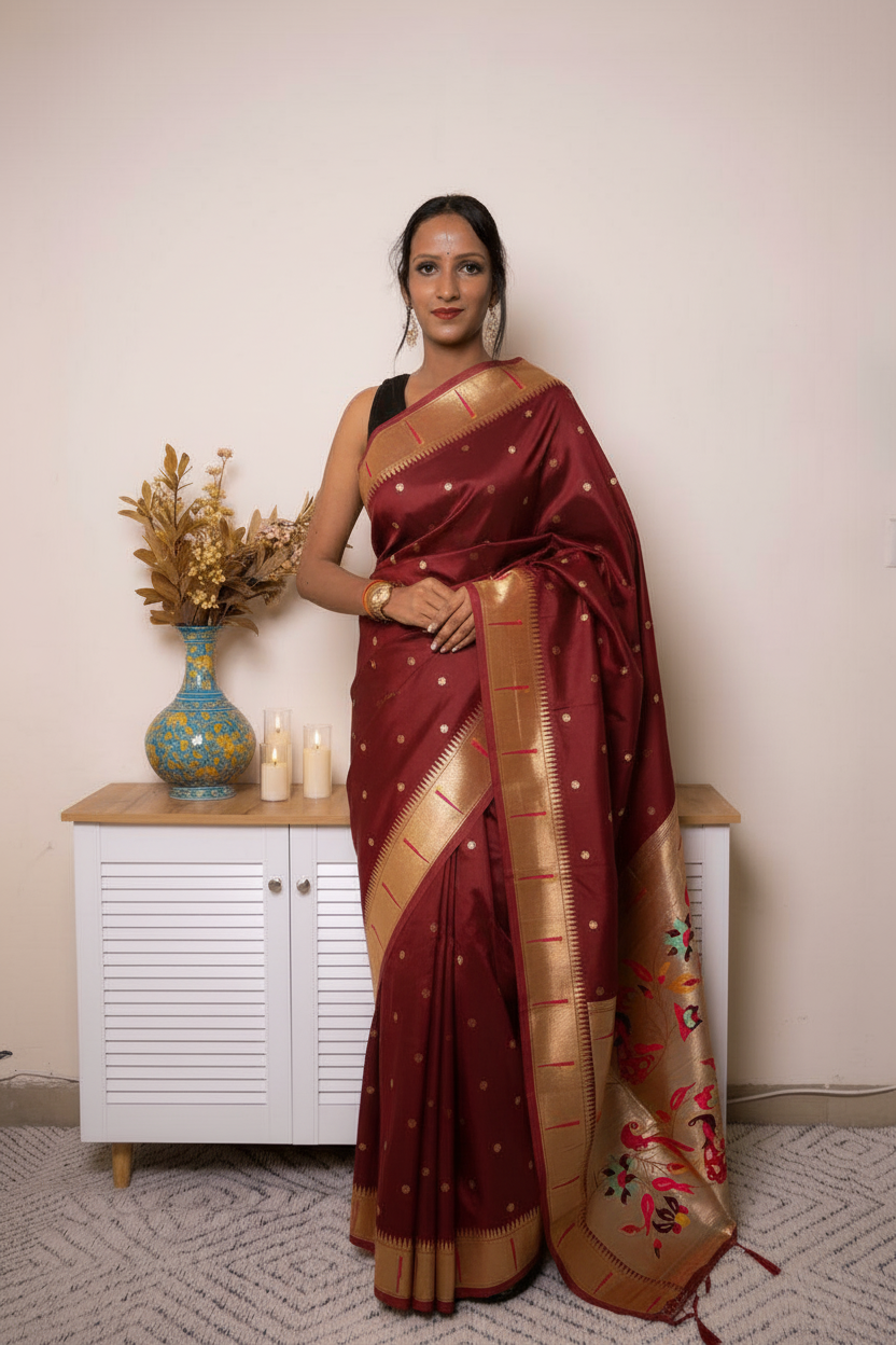 Sage Green Paithani Silk Saree with Gold Zari Pallu — maroon - 1