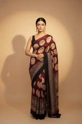 Maroon Ivory Ajrakh Polka Modal Saree With Printed Border (VS-KYA148) - 1