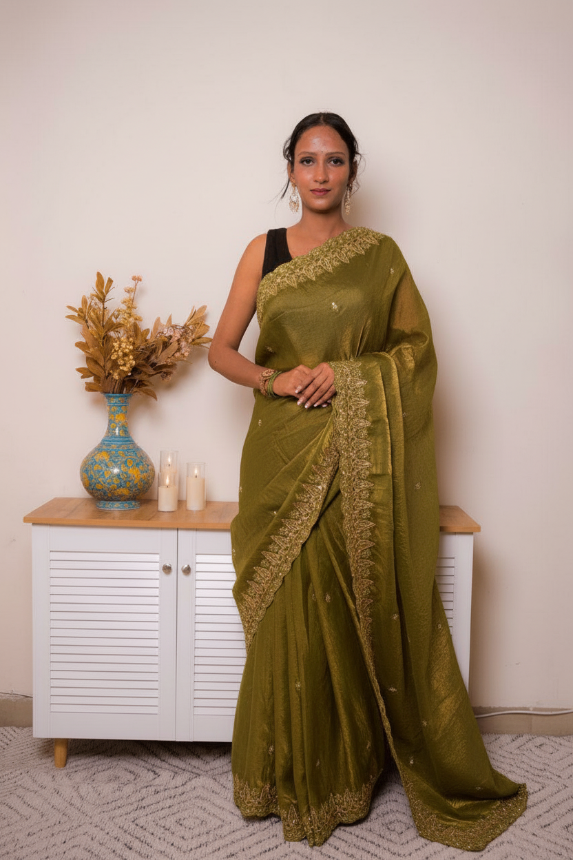 Pink-Copper Crush Tissue Silk Saree with Embroidered Border — olive_green - 1