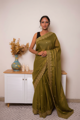 Pink-Copper Crush Tissue Silk Saree with Embroidered Border — olive_green - 1