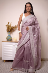 Fuchsia Chikankari with Zari Buta Border — plum-lilac - 1