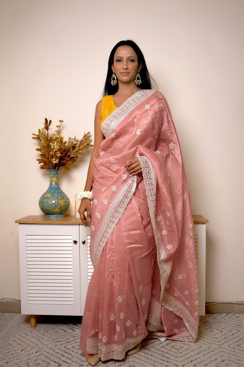 Lucknawi Chikankari Tissue Silk Saree in Radiant Yellow — dusty-rose-pink - 1