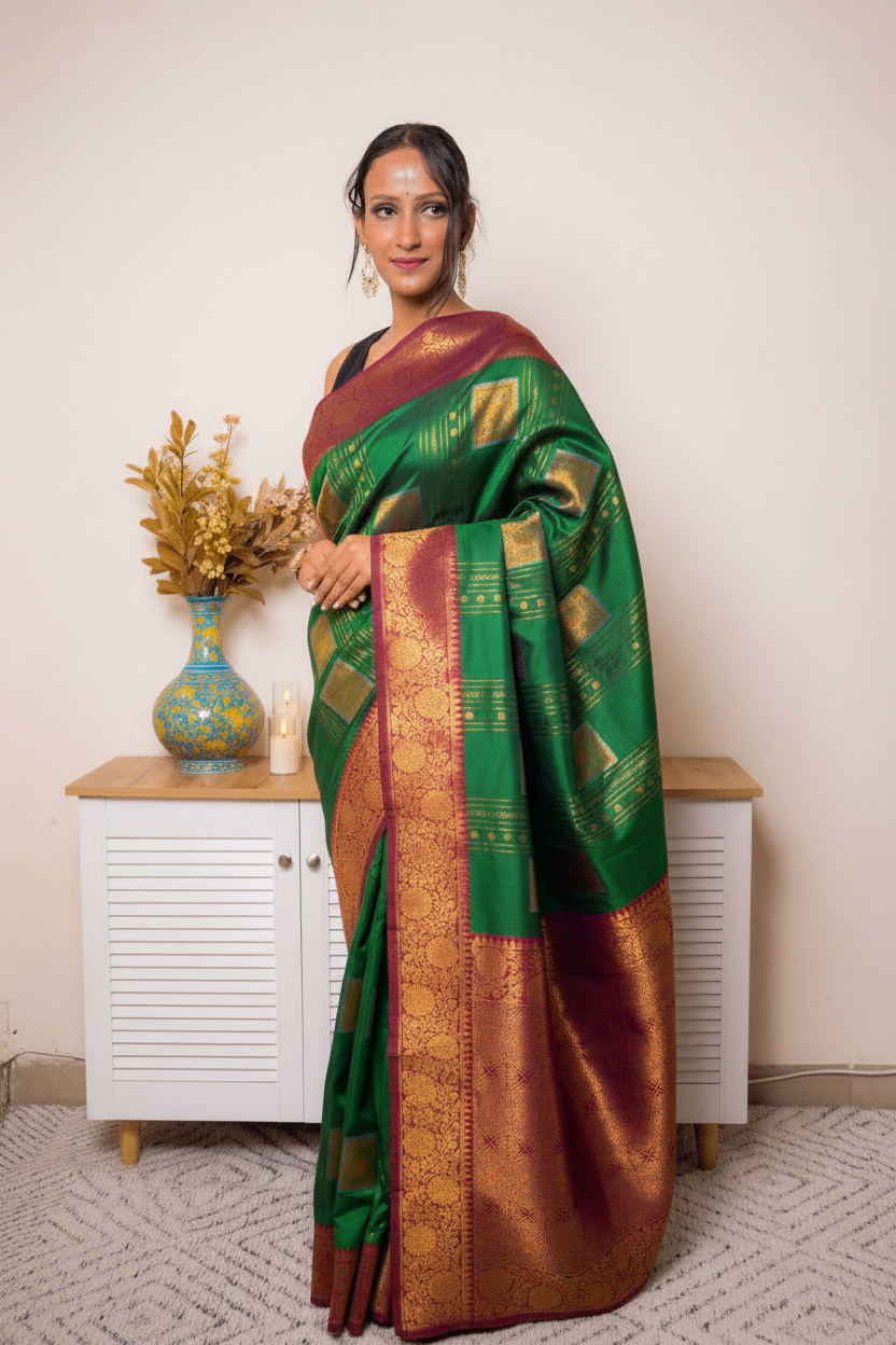Fuchsia Paithani Silk Saree with Gold Zari Border — light_green_red - 1