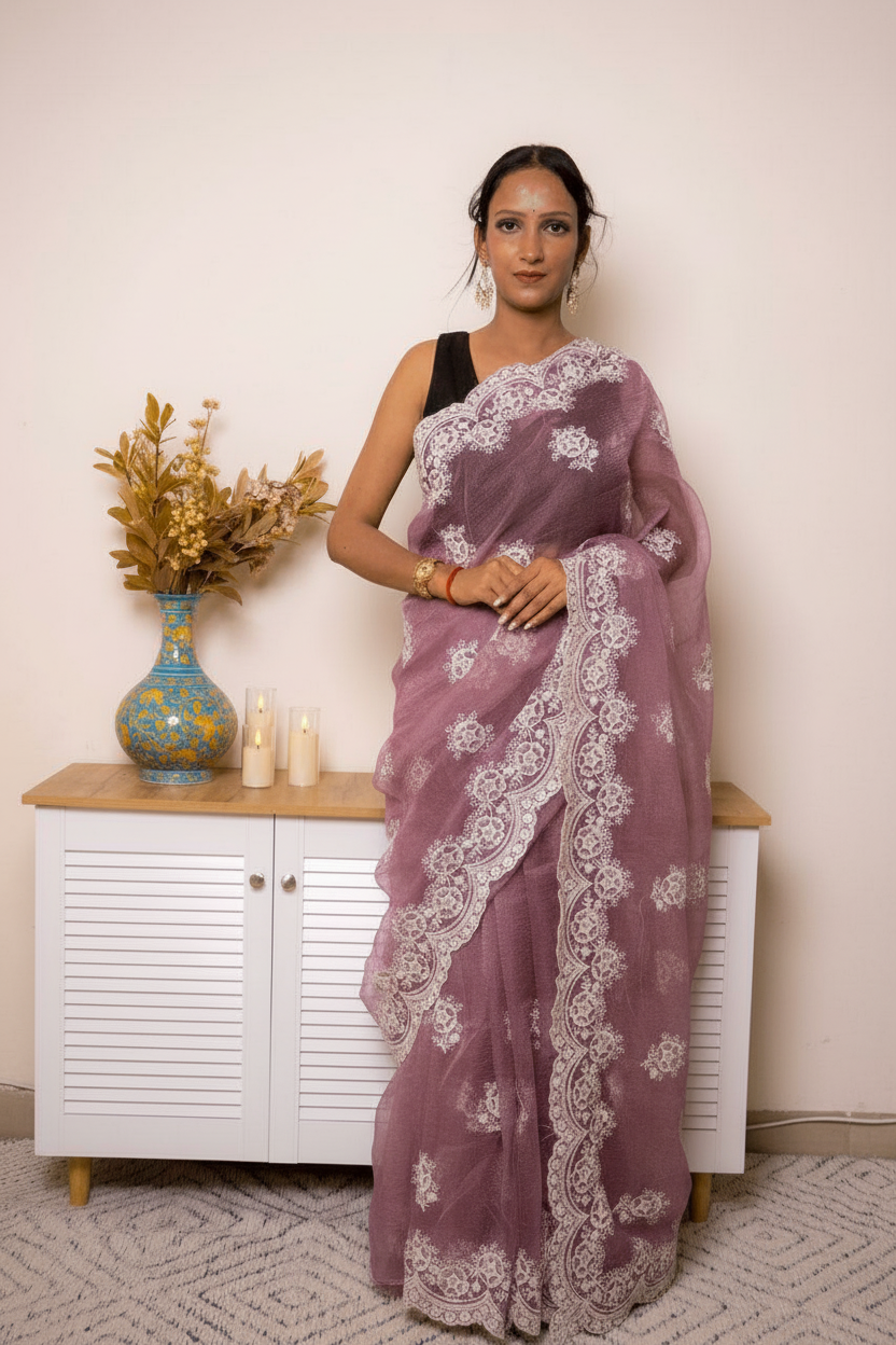 Mustard Lucknowi Chikankari Tissue Silk Saree — plum-lilac - 1