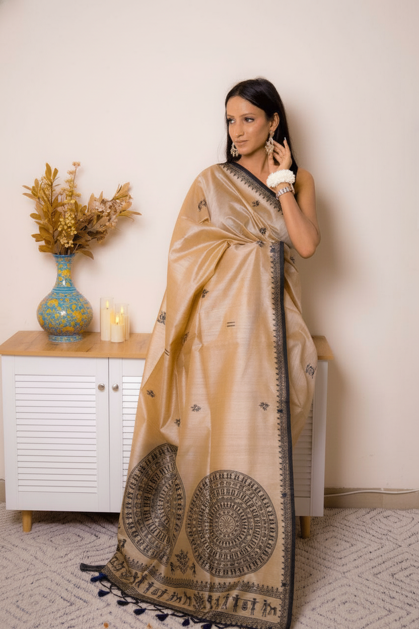 Elegant Worli Art Tussar Silk Saree — black - 1