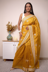 Fuchsia Chikankari with Zari Buta Border — mustard-yellow - 1