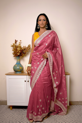 Lucknawi Chikankari Tissue Silk Saree in Radiant Yellow — Deep-rose - 1