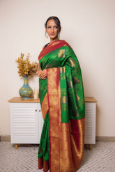 Fuchsia Paithani Silk Saree with Gold Zari Border — kelly_gree_dark_red - 1