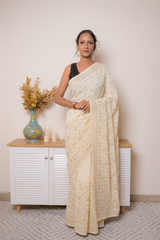 Wine Embroidered Georgette Saree with tiny flower Buti and swarovski — ivory - 1