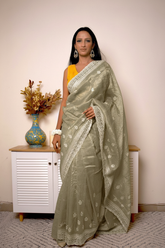 Lucknawi Chikankari Tissue Silk Saree in Radiant Yellow — muted-olive-gray-tone - 1