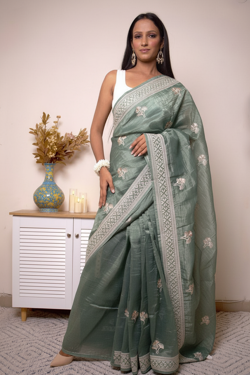 Fuchsia Chikankari with Zari Buta Border — #4E6965 - 1