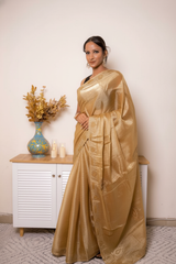 Orange Crush Tissue Silk Saree with Gold Paisley Border — golden_beige (VS-YKS775) - 1