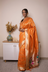 Fuchsia Paithani Silk Saree with Gold Zari & Floral Pallu — orange - 1