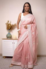 Chikankari with Zari Buta Border in Fuchsia — Dusty-Rose-pink - 1