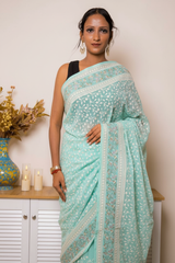 Lilac Lucknawi Chikankari Georgette Saree — pastel-aqua-blue - 1