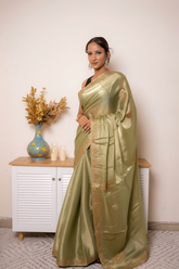 Desaturated Green Tissue Silk Saree With Gold Paisley Border (VS-YKS775) - 1