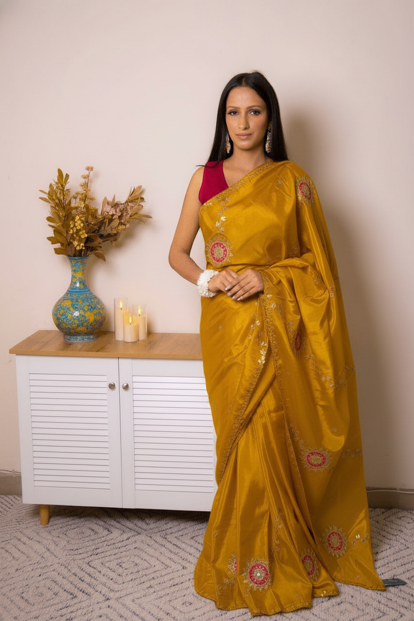Elegant Satin Saree with Pita work — henna - 1