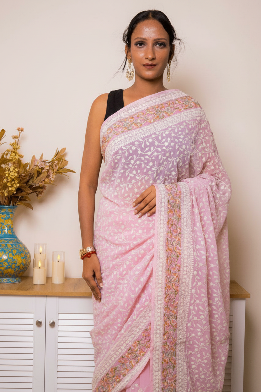 Lilac Lucknawi Chikankari Georgette Saree — baby-pink - 1