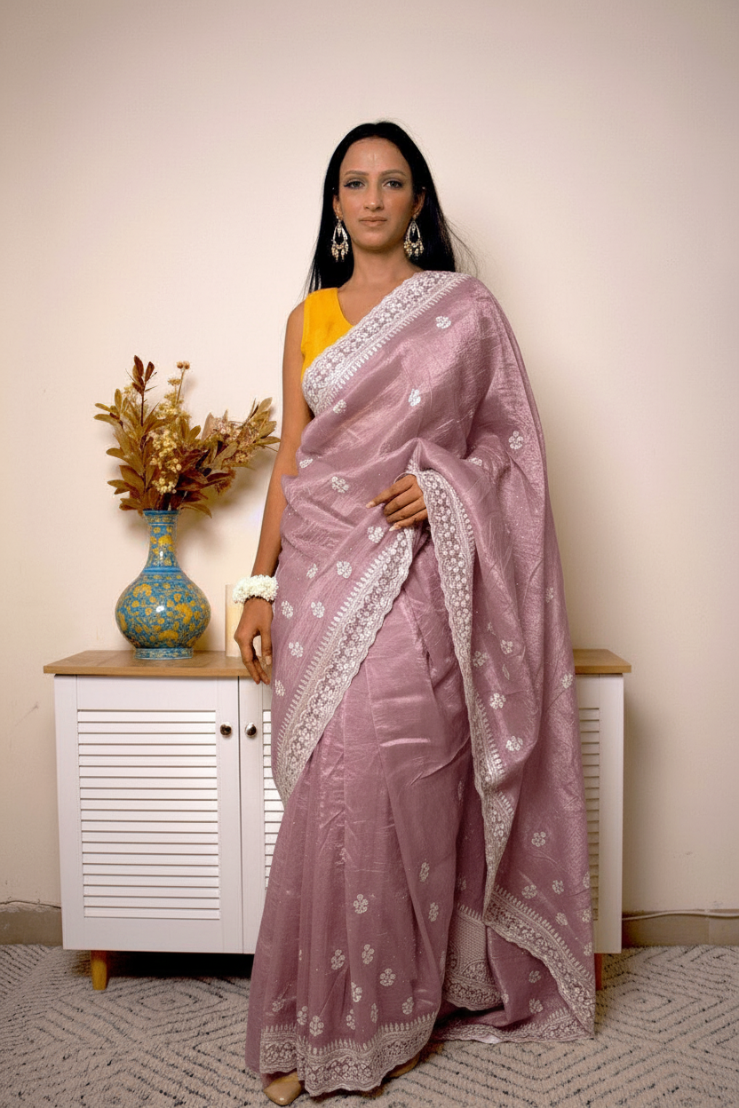 Lucknawi Chikankari Tissue Silk Saree in Radiant Yellow — Plum-lilac - 1