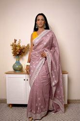 Lucknawi Chikankari Tissue Silk Saree in Radiant Yellow — Plum-lilac - 1