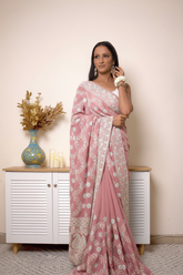 Lucknawi Chikankari Georgette Saree in Sky Blue — dusty-rose-pink - 1